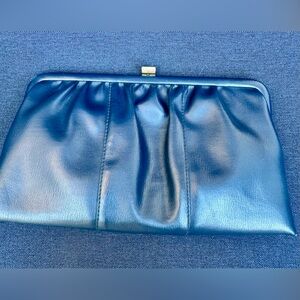 Vintage Navy Blue Ruched Leather Clutch with Gold Clasp